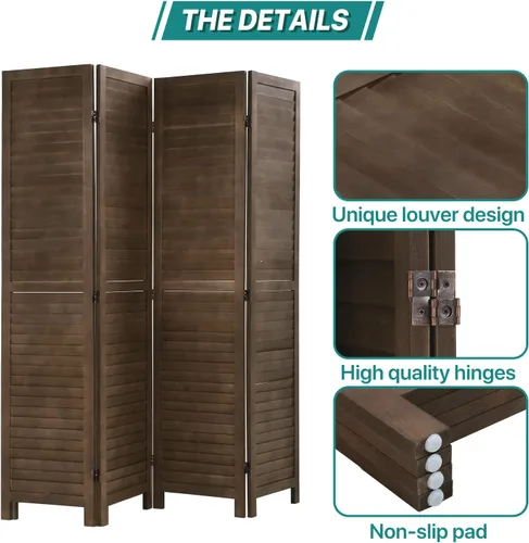 Vista 4 de Divisor de habitación plegable de 4 paneles de 69 pulgadas de alto, pantallas de privacidad portátiles de madera maciza independiente