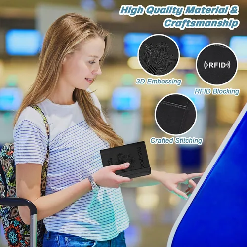 Vista 5 de DMLuna Soporte para pasaporte, de piel sintética de alta calidad, con bloqueo RFID, funda para pasaporte, organizador de documentos de viaje