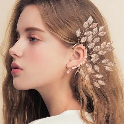 Vista 2 de CROWN GUIDE Aretes de hada de elfo para mujer, aretes de clip hechos a mano de moda, sin perforar, aretes de cristal, regalos de joyería