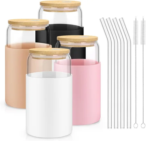 Vista 13 de sungwoo 10 vasos de vidrio con tapas y pajitas de bambú, taza de café helado de 16 onzas, juego de tazas para beber con tapas de madera, vasos