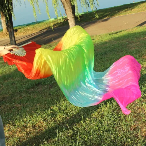 Vista 7 de WEISIPU Velos de Abanico de Danza del Vientre de Seda Sintética Hechos a Mano - Velos de Abanicos Largos de Bambú Disponibles en 8