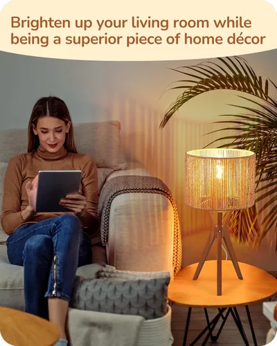 Vista 7 de EDISHINE Lámpara de mesa de ratán de 17.5 pulgadas, lámpara de noche de madera con pantalla tejida de cuerda de papel hecha a mano, lámpara