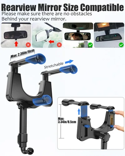 Vista 5 de Soporte para tablet para espejo retrovisor de automóvil, soporte retráctil para teléfono para espejo retrovisor, soporte para GPS giratorio de 360°