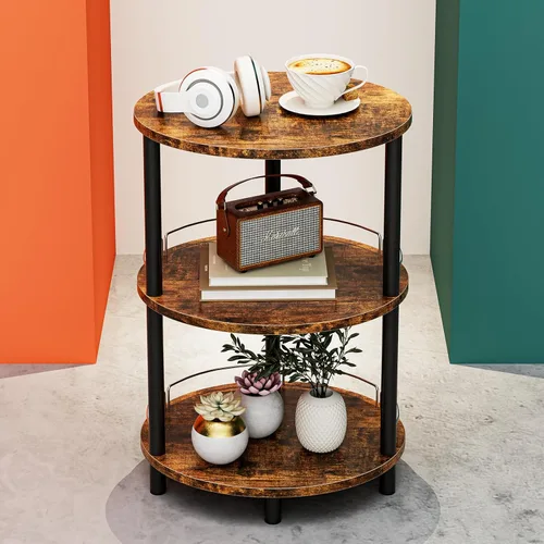 Vista 19 de Mesa auxiliar redonda pequeña, mesa decorativa ovalada de 3 niveles para espacios pequeños, mesa auxiliar de sofá de madera rústica y metal, mesita
