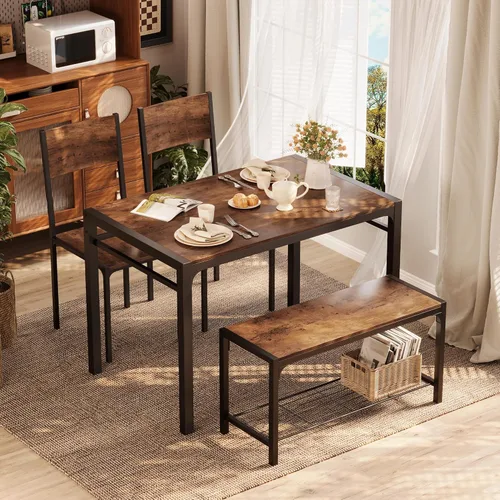 Vista 2 de Shahoo Mesa de cocina y 2 sillas para 4 personas con banco, juegos de comedor de 4 piezas para espacios pequeños, color marrón