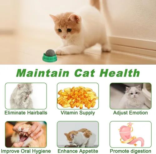 Vista 7 de KIMOBER Paquete de 6 bolas de hierba gatera para gatos, juguetes comestibles para masticar gatitos con hierba gatera Silvervine sabores de frutas