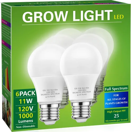 Bombillas LED de espectro completo Briignite para cultivo, forma A19, base E26, 11W, equivalente a 100W, paquete de 6 unidades para plantas de Blanco