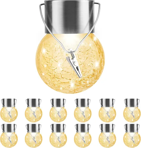 Vista 9 de Luces Solares Exteriores Colgantes Globo Decorativo Paquete de 8, Farol Solar Impermeable con Mango y Clip, Luces de Bola de Vidrio con Energía