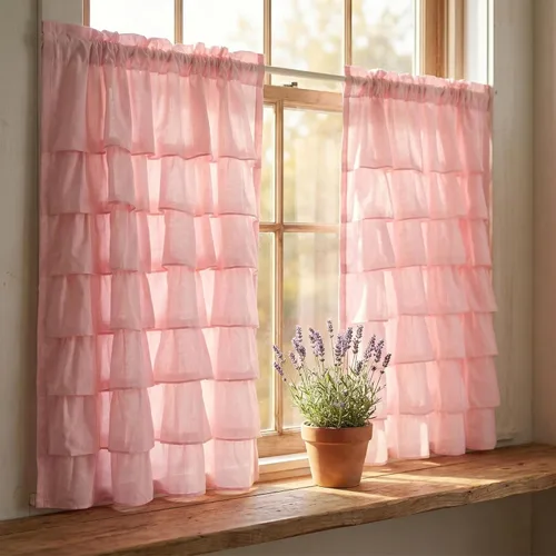 Vista 11 de Pink Ruffle Cafe Curtains 24 Inch Length Water Repellent Double Layer Kitchen Window Tiered Treatments 2 Panels for Bathroom Laundry RV Farmhouse