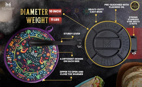 Vista 4 de Linea Authentica - Prensa de tortilla de hierro fundido resistente de 10 pulgadas, sistema de tortilla de maíz y harina de primera calidad con bolsa