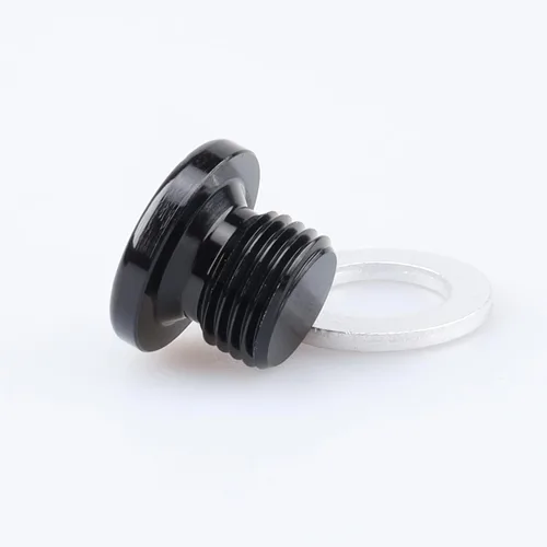 Vista 2 de AC PERFORMANCE Enchufe de puerto métrico de aluminio M10 x 1.0 negro de perfil bajo con tapón hexagonal y arandela de aluminio