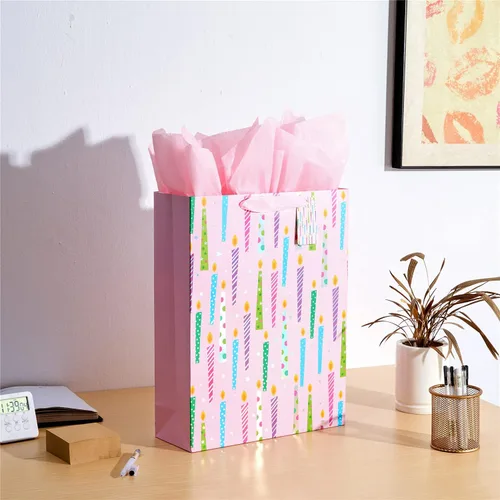 Vista 6 de SUNCOLOR Bolsa de regalo extra grande de 16 pulgadas con papel de seda para niñas (velas de cumpleaños feliz)
