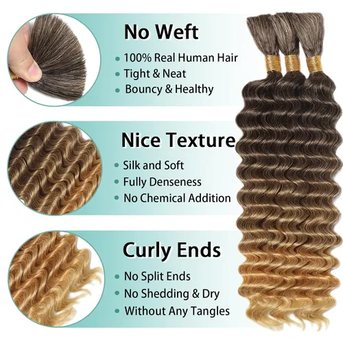 Vista 34 de Cabello Humano para Trenzar para Trenzas Boho 3 Paquetes/Pack 110g (3.88 oz) 14 Pulgadas Cabello Humano a Granel Ondulado Profundo para Trenzar