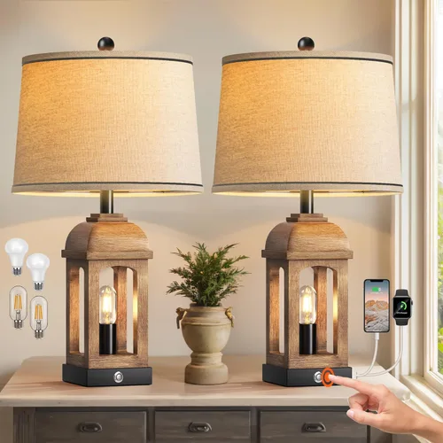 Vista 8 de QiMH Lámpara de mesa para sala de estar, lámparas de granja con USB A+C y luz nocturna, lámparas de noche rústicas de 26" con control táctil