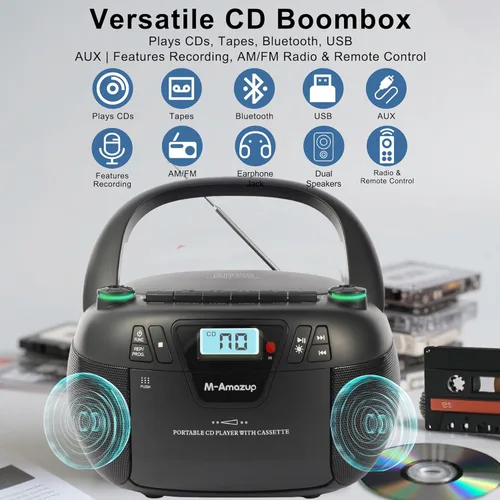 Vista 2 de Boombox - Reproductor de CD portátil con CD MP3 Bluetooth AUX TF/USB AM/FM Radio AC/DC alimentado con control remoto, conector para auriculares