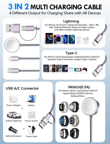 Vista 2 de Paquete de 1 cable de carga múltiple para artículos esenciales de viaje, cargador de Apple Watch, cargador de iPhone, [3 en 2] cable tipo