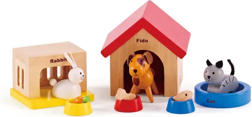 Vista 8 de Hape Juego de animales de madera para casa de muñecas de mascotas y familias 2