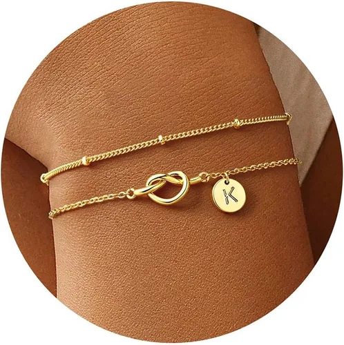 Vista 14 de M MOOHAM Regalos de San Valentín para mujeres, niños, delicada pulsera chapada en oro de 14 quilates con nudo en forma de corazón y letra A-Z