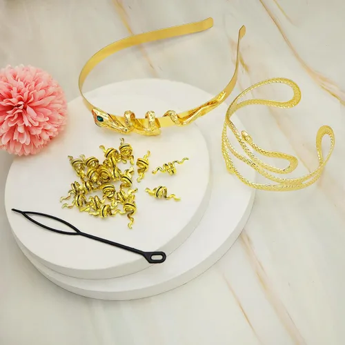 Vista 5 de 22 piezas de accesorios de disfraz de serpiente Cleopatra Egipto esmeralda serpiente diadema brazo brazalete Loc joyería para cabello rastas mujeres