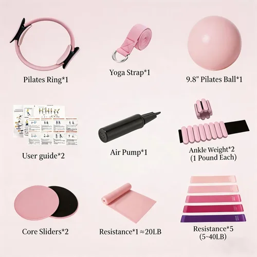 Vista 7 de Kit de Equipo de Pilates para Ejercicio en Casa, Juego de Anillo y Bola de Pilates, Kit de Accesorios Esenciales de Pilates para Mujeres