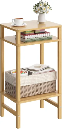 Vista 23 de YUFAM Mesa auxiliar alta de noche de 2 niveles para sala de estar, dormitorio, baño, muebles de oficina, color negro