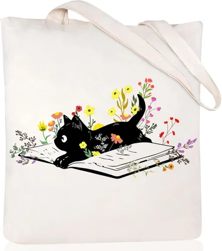 Vista 17 de Andeiltech - Bolsa de lona para mujer, con diseño de gato bonito y estética, bolsas reutilizables para compras y comestibles, con bolsillo