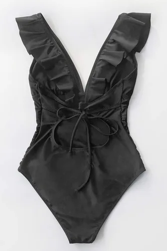 Vista 5 de Cupshe - Traje de baño de una pieza con escote en V para mujer con volantes y cordones