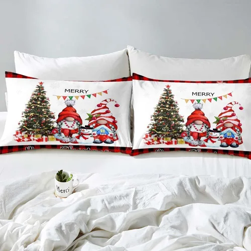 Vista 4 de LUVIVIHOME Juego de 3 piezas de ropa de cama de gnomo de Navidad, funda de edredón blanca Queen, funda de edredón a cuadros negros y rojos, funda