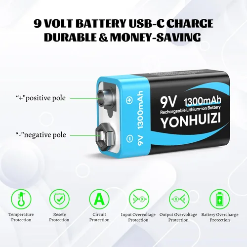 Vista 2 de Paquete de 4 baterías recargables de 9 V de 1300 mAh, batería cuadrada de iones de litio de 9 voltios de larga duración, conector de clip y caja