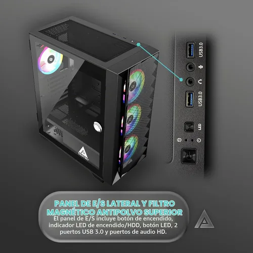Vista 5 de Apevia Destiny-MESH-BK Destiny Mesh Carcasa para PC Gaming de Torre Media con 4 ventiladores ARGB de 120 mm, 366 modos de luz RGB, 1 panel frontal