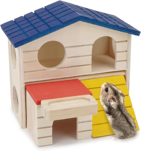 Vista 2 de Cabaña de escondite para hámsteres pequeños Animales de dos capas Casa de madera para ratones Gerbo Rata enana Jaula de hámster Juguete de ejercicio