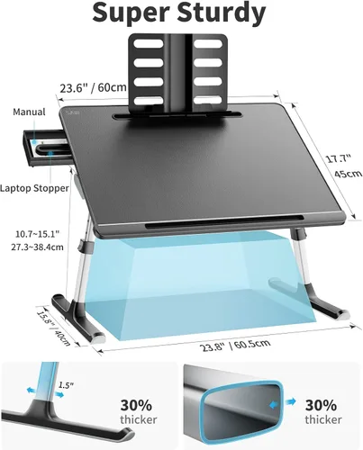 Vista 5 de Mesa para cama con bandeja para laptop, SAIJI Mesa ajustable para laptop de tamaño extra grande, plegable, con cajón de almacenamiento y soporte