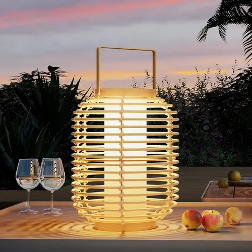 Vista 18 de Solar Yard Lámpara de pie para exteriores, luces de patio, farol con energía solar, resistente a la intemperie, luces de mimbre para terraza