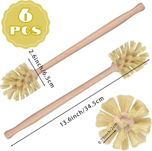 Vista 2 de Gejoy 6 cepillos de madera natural con cerdas largas de mango de madera de haya para limpiar botellas, tazas, tarros, vasos, platos, jarrones
