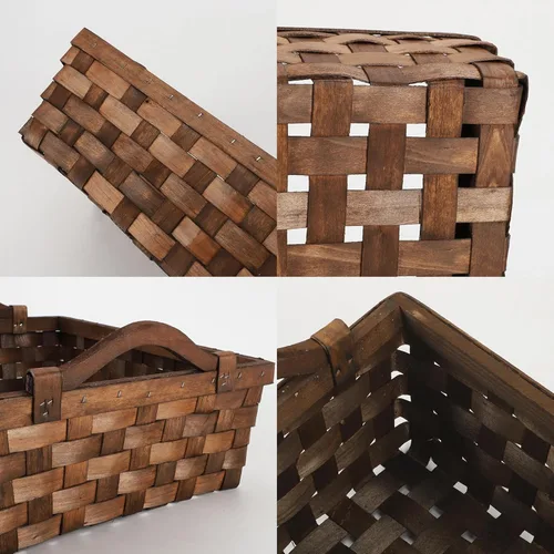 Vista 4 de Cesta rectangular de mimbre, bandeja de almacenamiento de madera tejida con asas para pan de regalo (marrón oscuro)