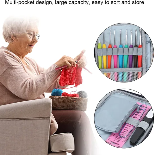 Vista 3 de GLOGLOW Estuche de gancho de ganchillo, organizador de viaje de doble cara con cremallera para agujas de ganchillo y otros accesorios de tejer