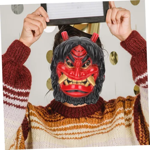Vista 8 de BESTOYARD Máscara de fiesta para decoración de 2 piezas, máscara de silicona de demonio diablo, samurái japonés, disfraz de Halloween, accesorios