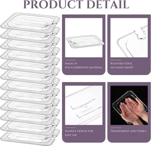 Vista 4 de 12 piezas de 1/6 tamaño tapa de sartén de alimentos de policarbonato con mango universal para comida de hotel comercial, catering, buffets