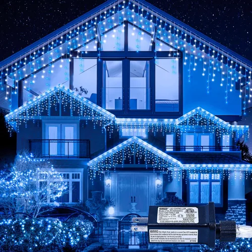 Vista 9 de Luces de Navidad para exteriores Luces de Carámbano 300 LED, 33 pies, 8 modos, luces de cadena colgantes de hadas conectables con enchufe de 30 V