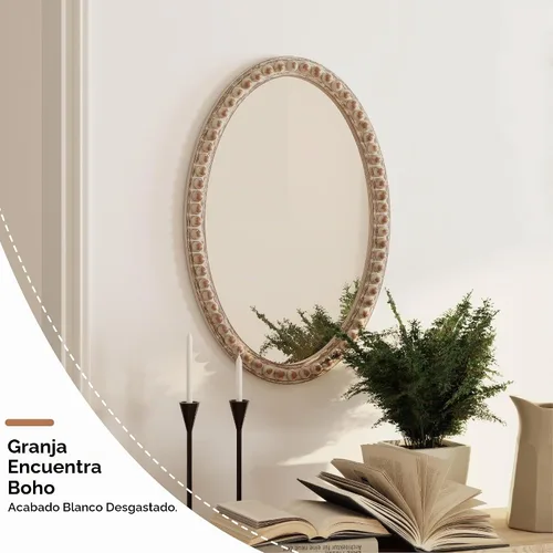 Vista 3 de COZAYH Espejo decorativo con marco de madera envejecida, espejo decorativo de pared estilo rústico (ovalado)