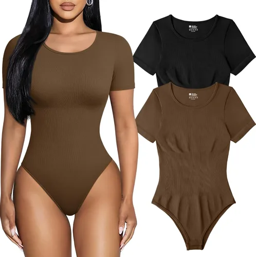 TOB Body de 2 piezas para mujer, sexy, acanalado, de una pieza, manga corta, bodies