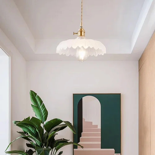Mid Century Modern Gold Pendant Lights, Nordic Retro Flower Hanging Pendant Lamp with Frosted Glass Shade, Adjustable Cord E26/E27 Base Chandelier