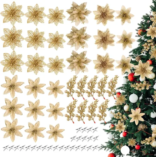 Zeyune 36 piezas de flores de Pascua artificiales de Navidad con purpurina y clips para adornos de árbol de Navidad, Navidad, vacaciones, boda,
