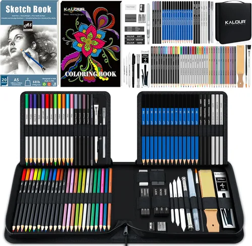 Vista 12 de KALOUR Juego de 76 lápices para dibujo y boceto - Suministros de arte profesional con cuaderno de bocetos y papel para acuarela - Incluye tutorial