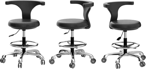 Vista 8 de Taburete rodante, silla de trabajo ajustable con ruedas y respaldo, resistente, para oficina, cocina, médico, dentista, tienda, laboratorio y hogar