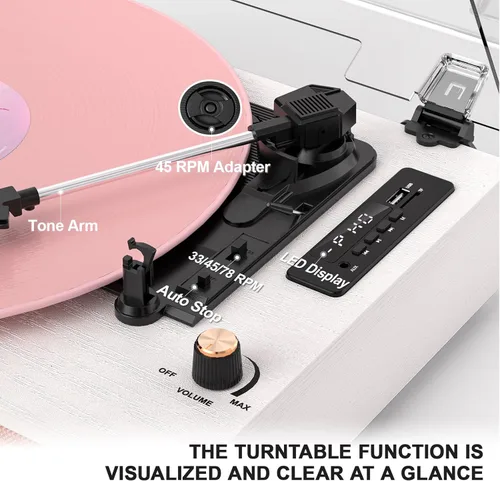 Vista 7 de Tocadiscos de vinilo con altavoces, tocadiscos Bluetooth vintage rosa con modos de sonido EQ y pantalla LED, tocadiscos de 3 velocidades para discos