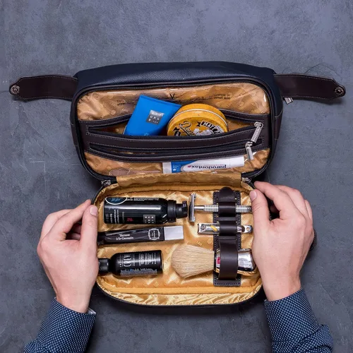 Vista 9 de Vetell Leo Large Leather Men's Travel Toiletry and Shaving Case Bag with Upper and Lower Zippered Compartments, 3 Interior Loops and Carrying Handles