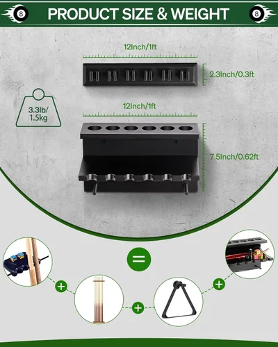 Vista 6 de EXTCCT Soporte para palos de piscina de montaje en pared, soporte para tacos de billar de madera dura, juego de tacos de piscina para 6 palos