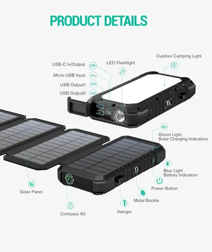 Vista 7 de BLAVOR Cargador solar, PD 18 W, carga rápida, 20000 mAh, con 4 paneles plegables, cargador USB C portátil con linterna de campamento, mosquetón