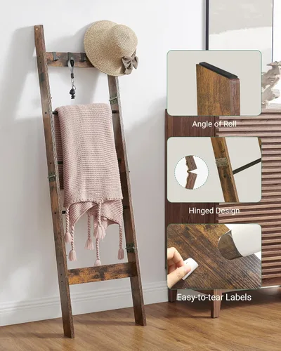 Vista 56 de Escalera para manta para sala de estar, estante decorativo para edredón con 4 ganchos extraíbles, 5 niveles de soporte de escalera de granja Blanco